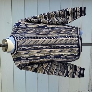 PROTEGE Coogi Biggie Textured Arcylic Navy‎ Beige Sz L Mens Sweater 90s Y2K VTG